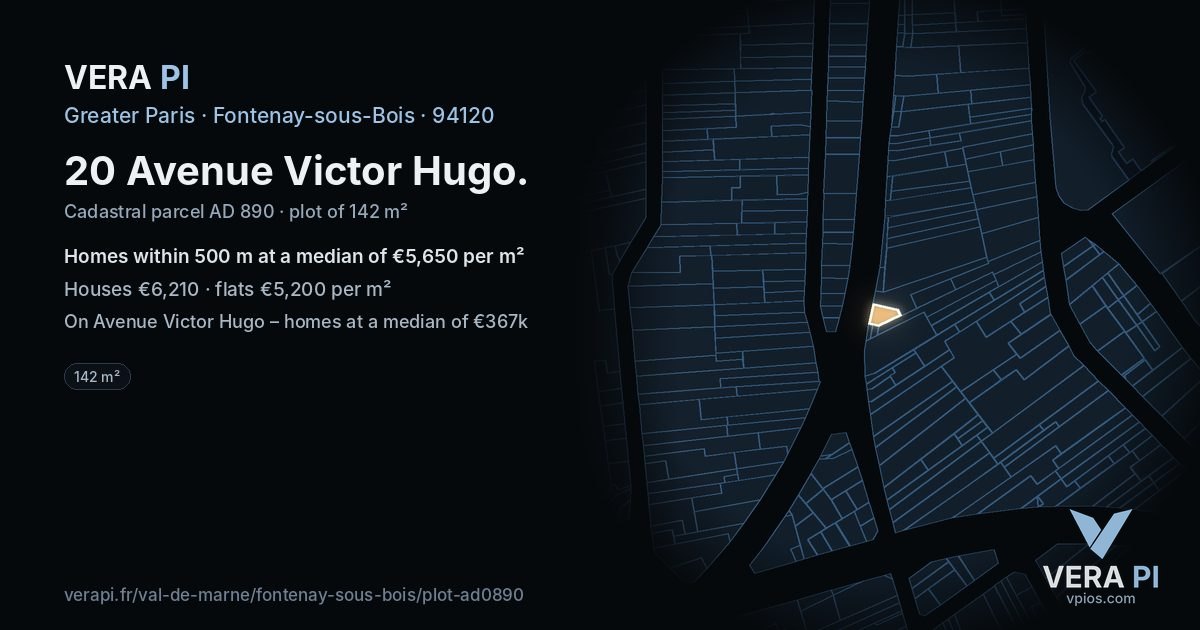 20 Avenue Victor Hugo, Fontenay-sous-Bois at night – the plot lit, the parcels around coloured by the prices near them