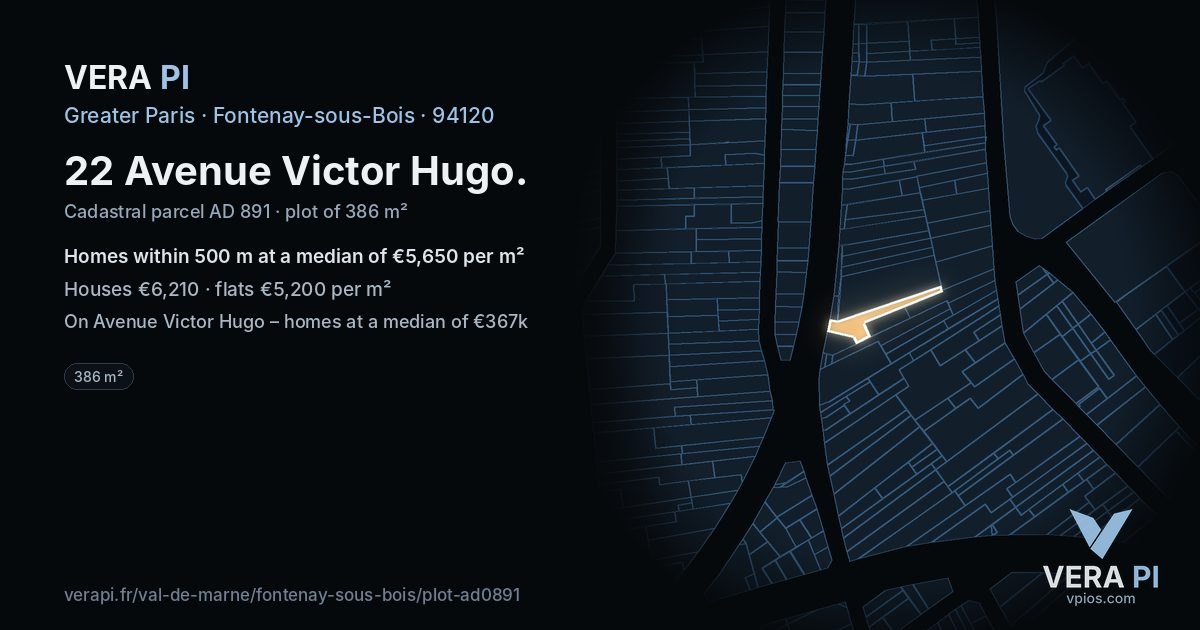 22 Avenue Victor Hugo, Fontenay-sous-Bois at night – the plot lit, the parcels around coloured by the prices near them