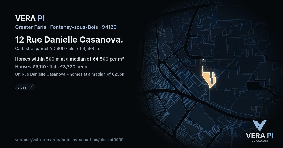 12 Rue Danielle Casanova, Fontenay-sous-Bois at night – the plot lit, the parcels around coloured by the prices near them