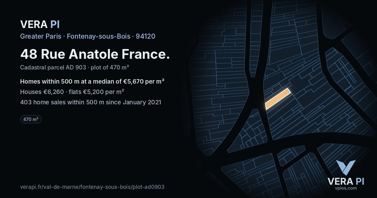 48 Rue Anatole France, Fontenay-sous-Bois at night – the plot lit, the parcels around coloured by the prices near them