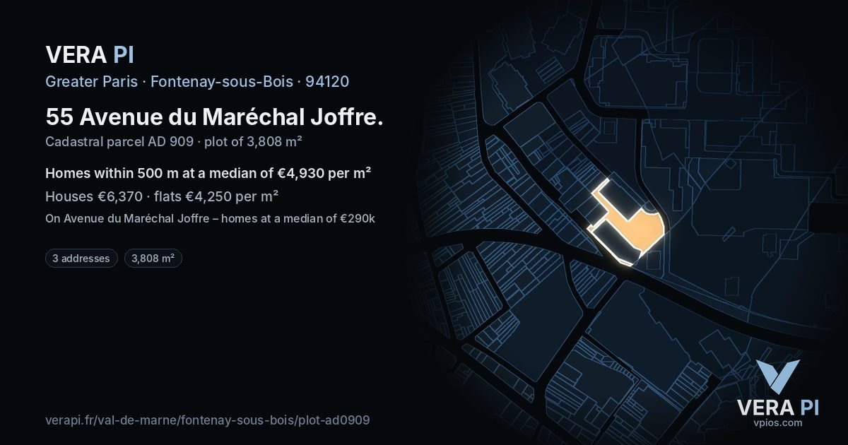 55 Avenue du Maréchal Joffre, Fontenay-sous-Bois at night – the plot lit, the parcels around coloured by the prices near them