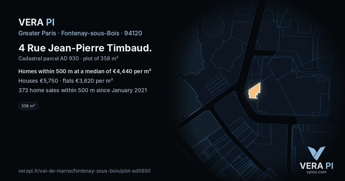 4 Rue Jean-Pierre Timbaud, Fontenay-sous-Bois at night – the plot lit, the parcels around coloured by the prices near them