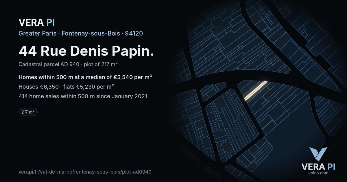 44 Rue Denis Papin, Fontenay-sous-Bois at night – the plot lit, the parcels around coloured by the prices near them