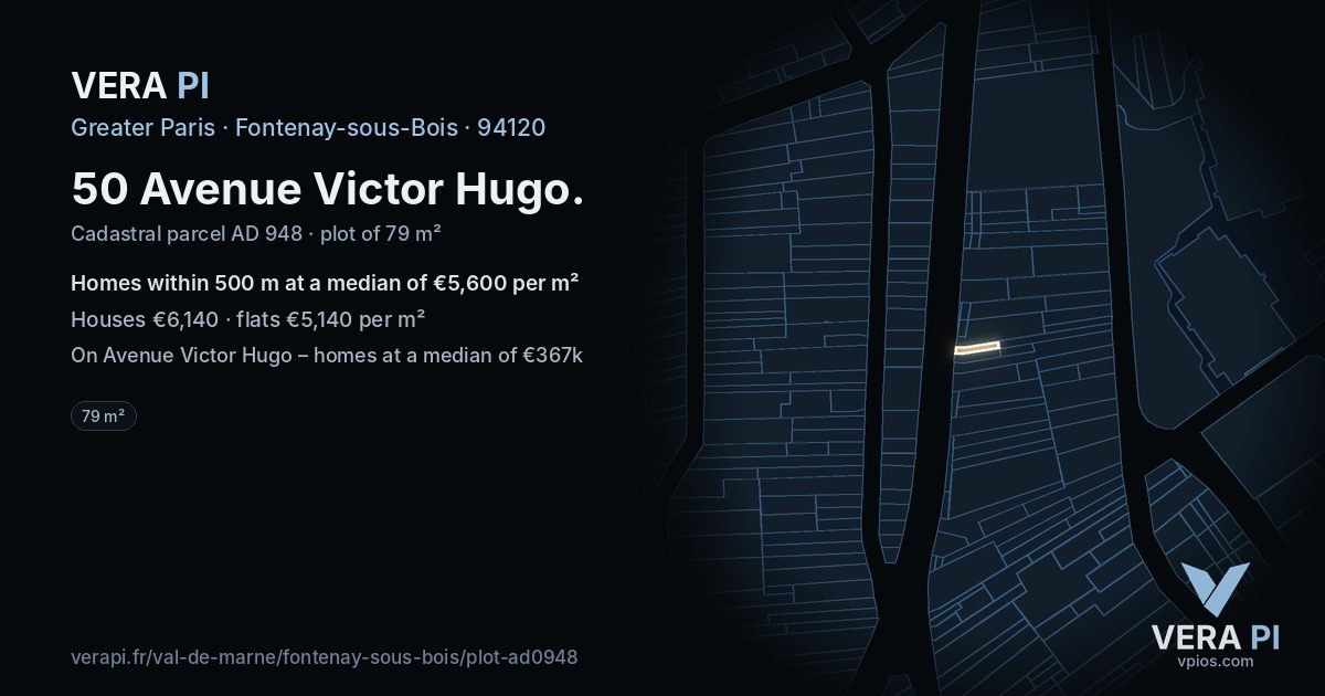 50 Avenue Victor Hugo, Fontenay-sous-Bois at night – the plot lit, the parcels around coloured by the prices near them