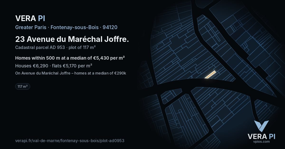 23 Avenue du Maréchal Joffre, Fontenay-sous-Bois at night – the plot lit, the parcels around coloured by the prices near them