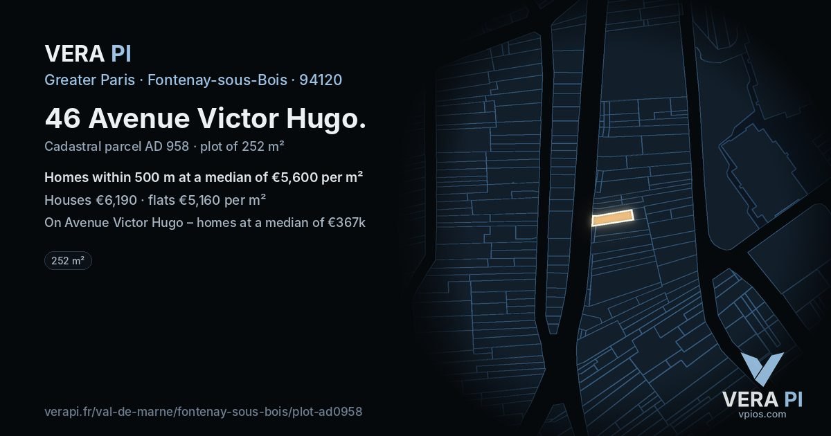 46 Avenue Victor Hugo, Fontenay-sous-Bois at night – the plot lit, the parcels around coloured by the prices near them