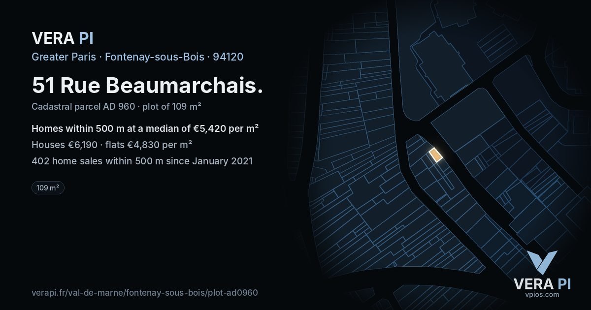 51 Rue Beaumarchais, Fontenay-sous-Bois at night – the plot lit, the parcels around coloured by the prices near them