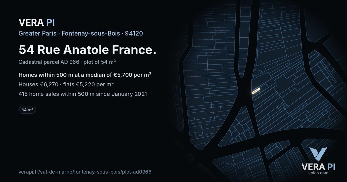 54 Rue Anatole France, Fontenay-sous-Bois at night – the plot lit, the parcels around coloured by the prices near them