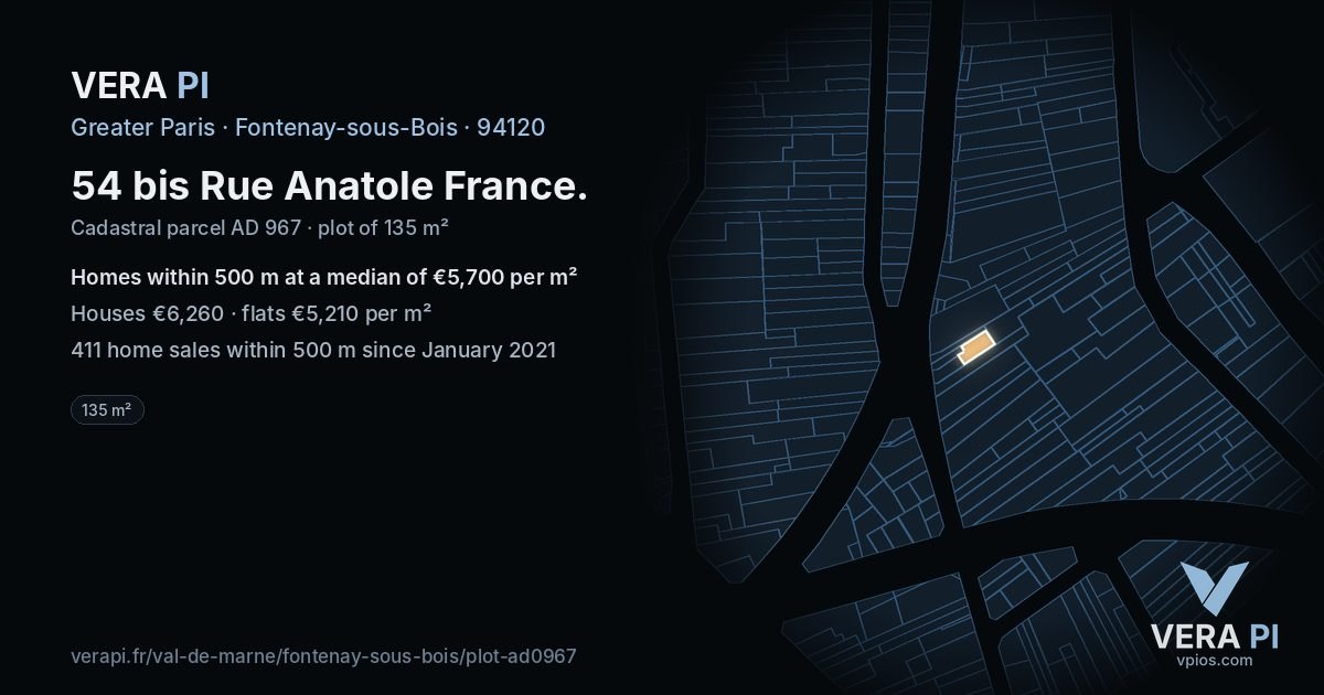 54 bis Rue Anatole France, Fontenay-sous-Bois at night – the plot lit, the parcels around coloured by the prices near them