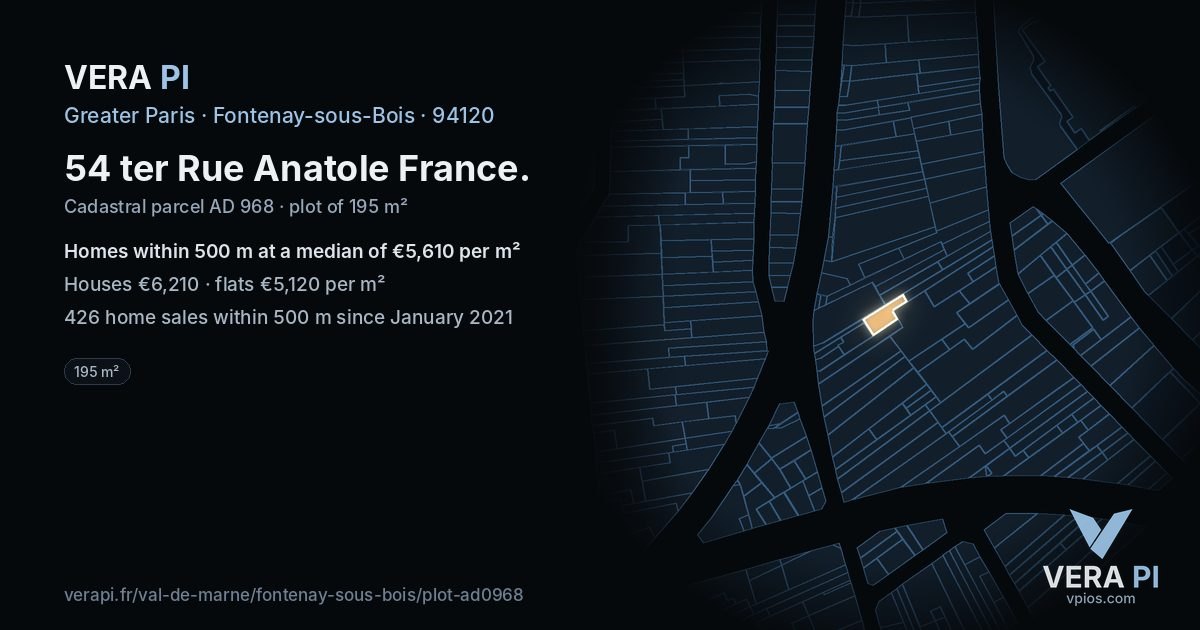 54 ter Rue Anatole France, Fontenay-sous-Bois at night – the plot lit, the parcels around coloured by the prices near them