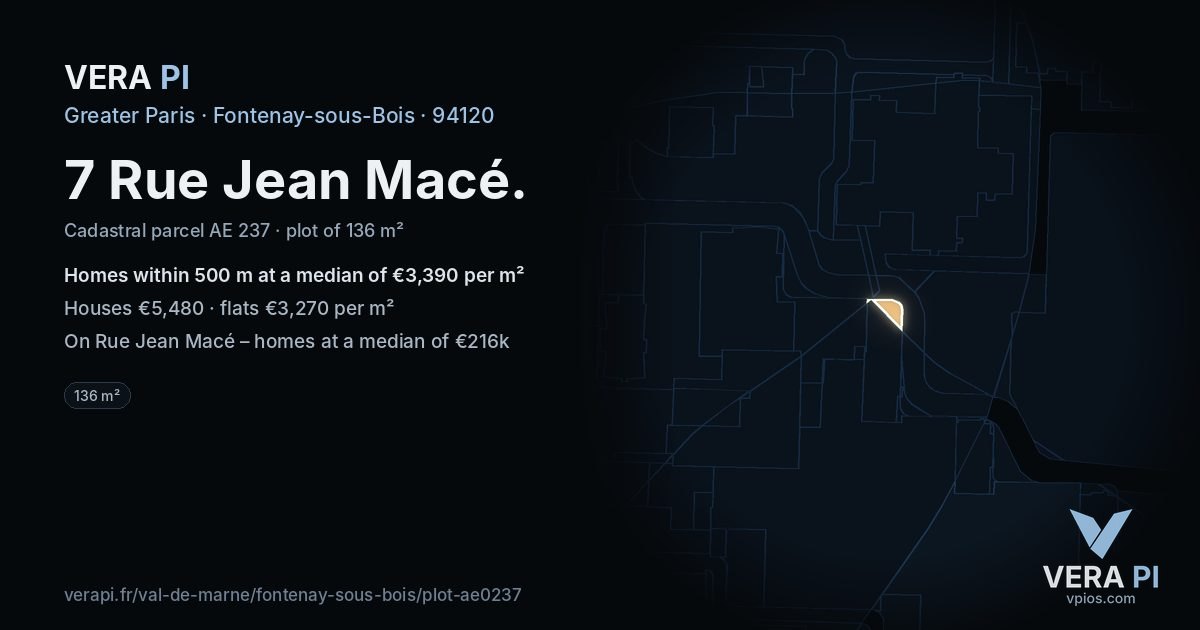 7 Rue Jean Macé, Fontenay-sous-Bois at night – the plot lit, the parcels around coloured by the prices near them