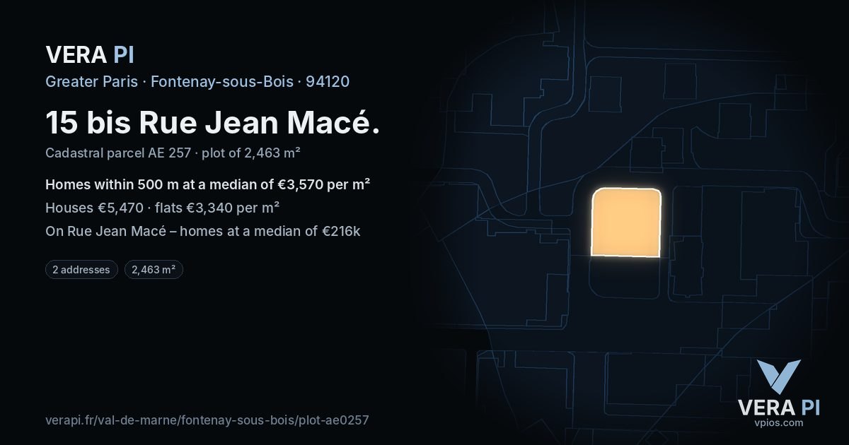 15 bis Rue Jean Macé, Fontenay-sous-Bois at night – the plot lit, the parcels around coloured by the prices near them