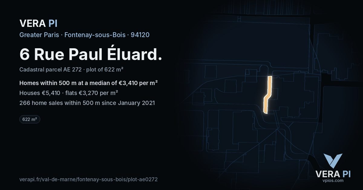 6 Rue Paul Éluard, Fontenay-sous-Bois at night – the plot lit, the parcels around coloured by the prices near them