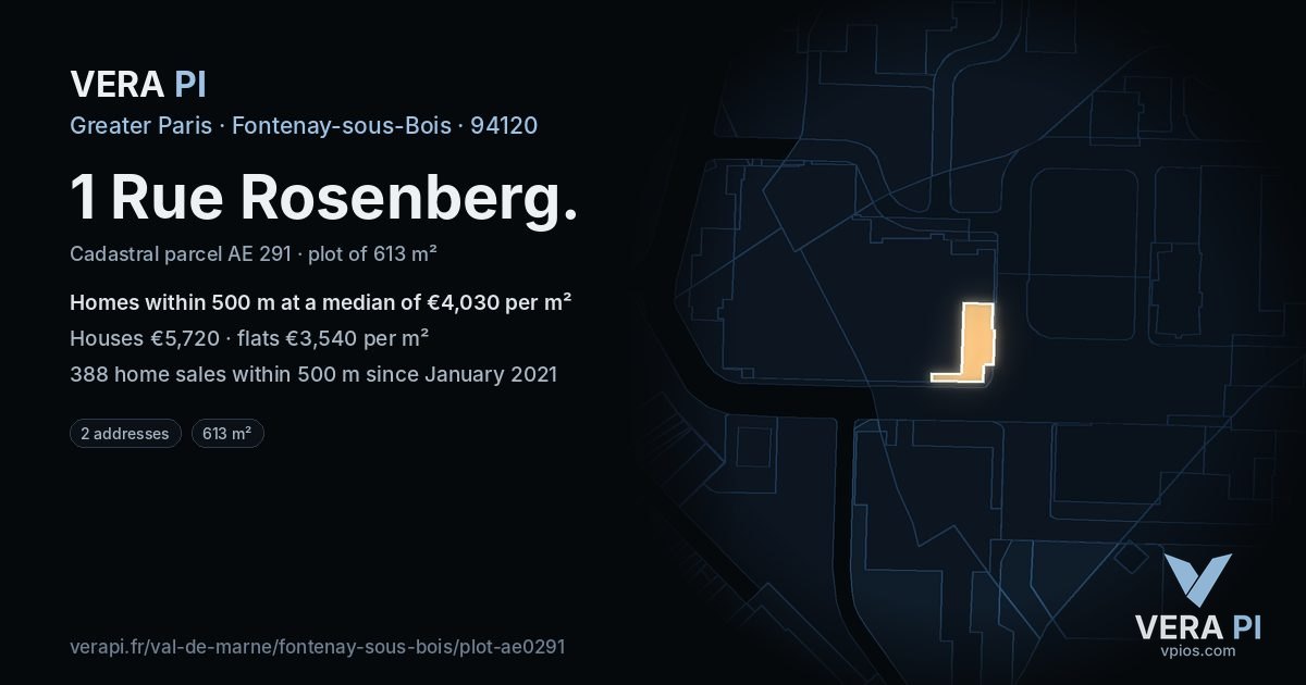 1 Rue Rosenberg, Fontenay-sous-Bois at night – the plot lit, the parcels around coloured by the prices near them
