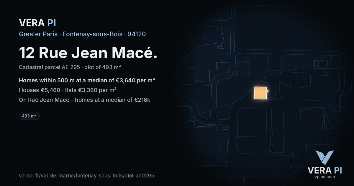 12 Rue Jean Macé, Fontenay-sous-Bois at night – the plot lit, the parcels around coloured by the prices near them