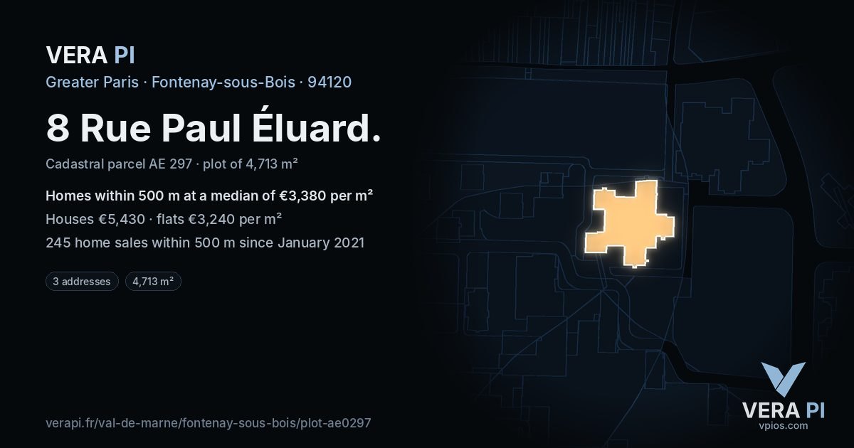 8 Rue Paul Éluard, Fontenay-sous-Bois at night – the plot lit, the parcels around coloured by the prices near them