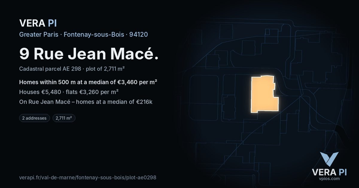 9 Rue Jean Macé, Fontenay-sous-Bois at night – the plot lit, the parcels around coloured by the prices near them