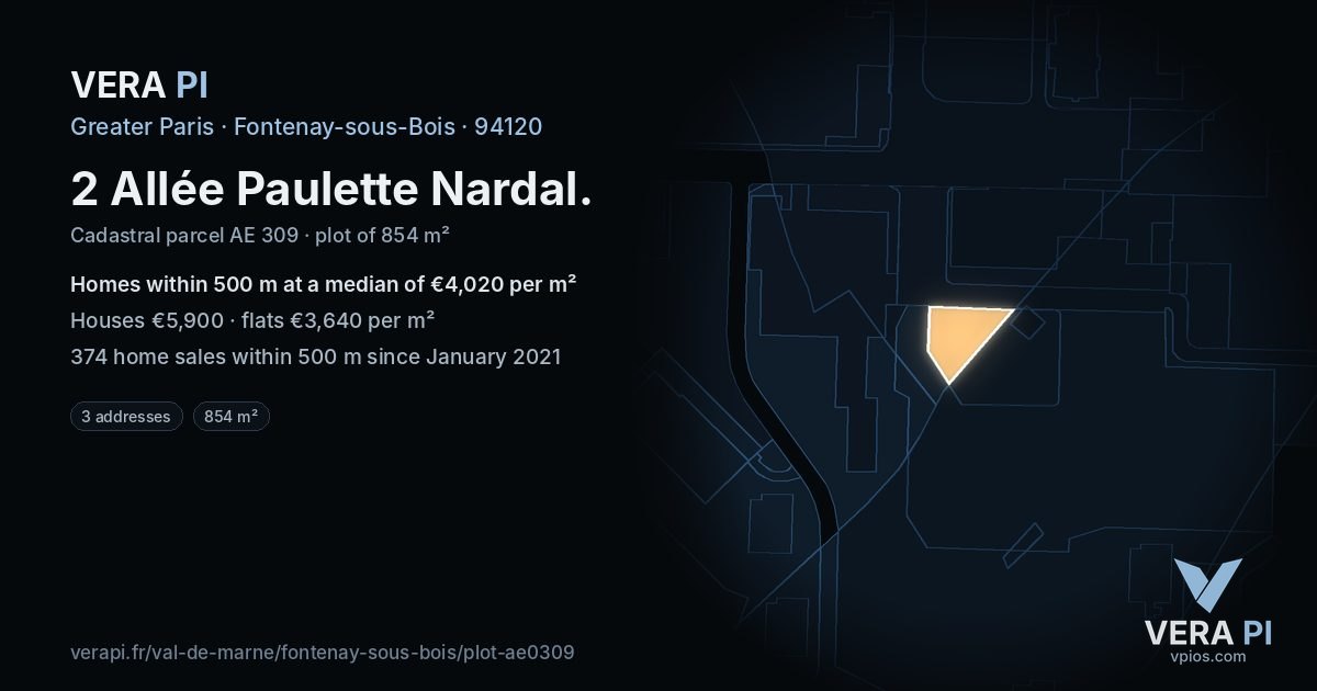 2 Allée Paulette Nardal, Fontenay-sous-Bois at night – the plot lit, the parcels around coloured by the prices near them