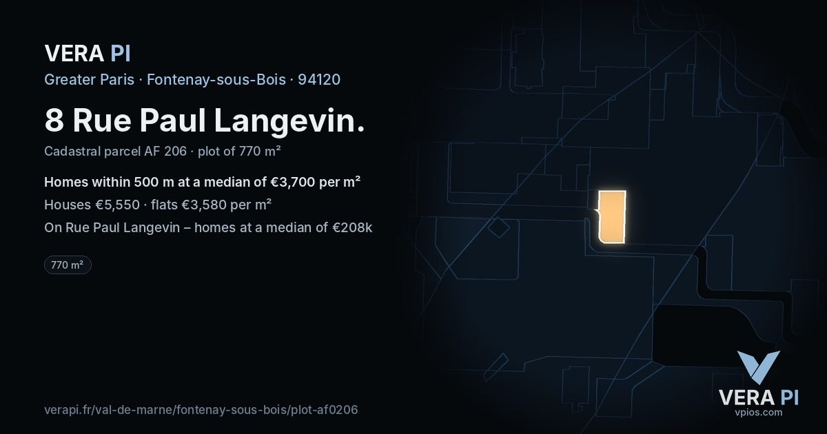 8 Rue Paul Langevin, Fontenay-sous-Bois at night – the plot lit, the parcels around coloured by the prices near them