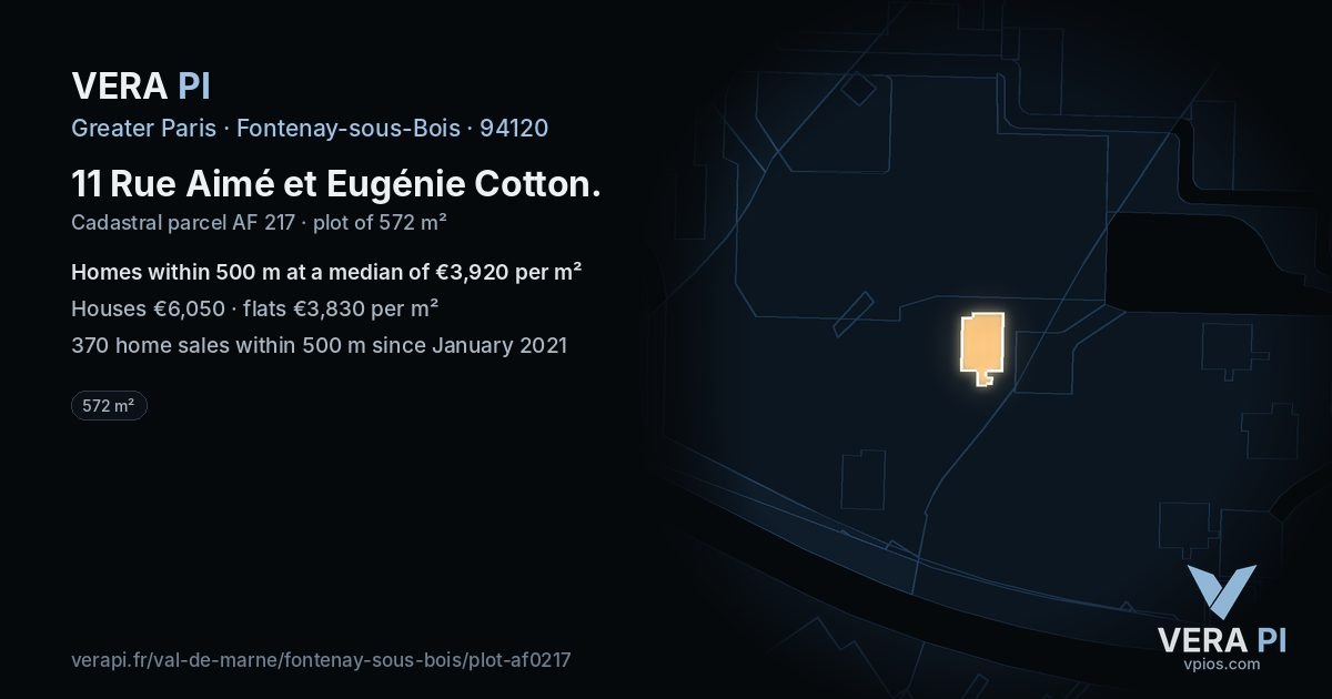 11 Rue Aimé et Eugénie Cotton, Fontenay-sous-Bois at night – the plot lit, the parcels around coloured by the prices near them