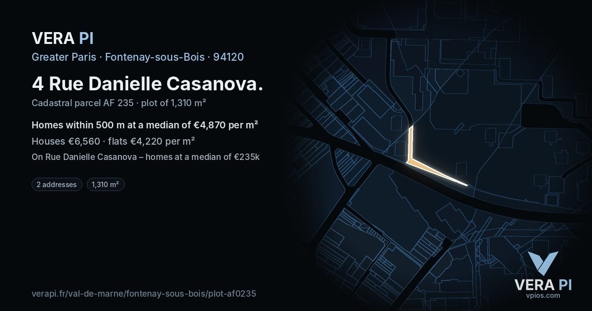 4 Rue Danielle Casanova, Fontenay-sous-Bois at night – the plot lit, the parcels around coloured by the prices near them