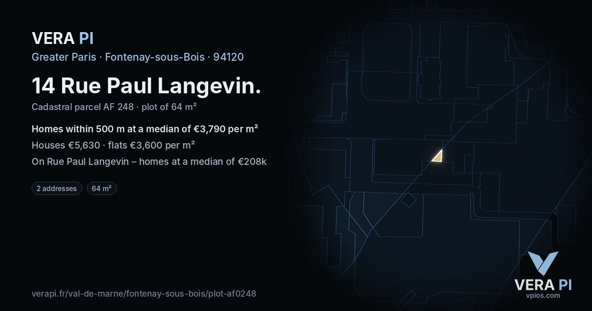 14 Rue Paul Langevin, Fontenay-sous-Bois at night – the plot lit, the parcels around coloured by the prices near them