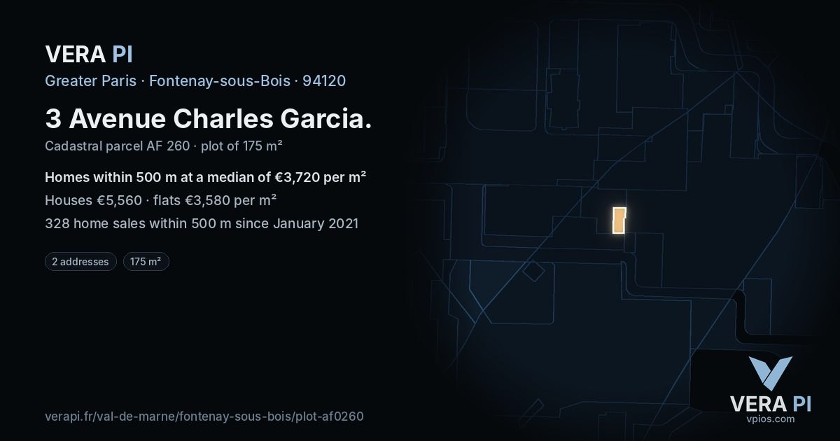3 Avenue Charles Garcia, Fontenay-sous-Bois at night – the plot lit, the parcels around coloured by the prices near them