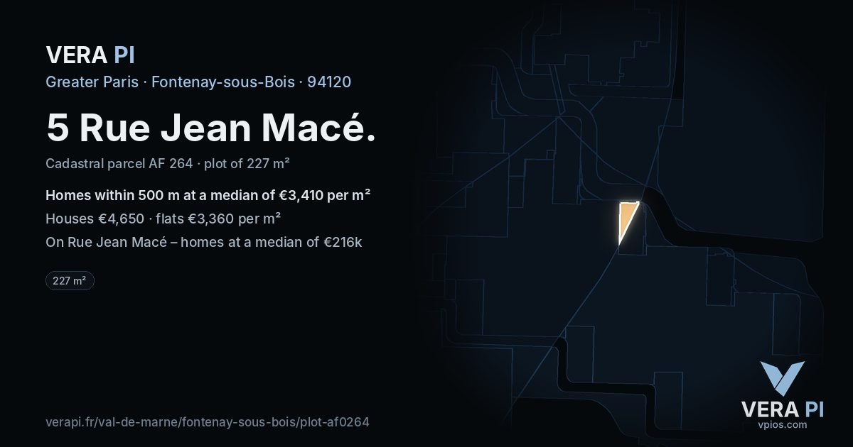5 Rue Jean Macé, Fontenay-sous-Bois at night – the plot lit, the parcels around coloured by the prices near them