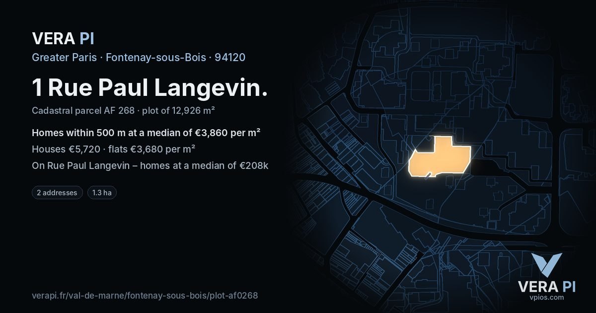 1 Rue Paul Langevin, Fontenay-sous-Bois at night – the plot lit, the parcels around coloured by the prices near them