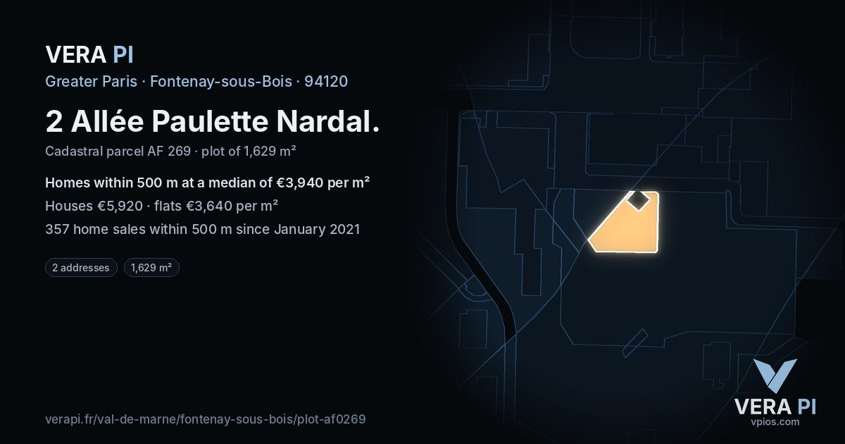 2 Allée Paulette Nardal, Fontenay-sous-Bois at night – the plot lit, the parcels around coloured by the prices near them