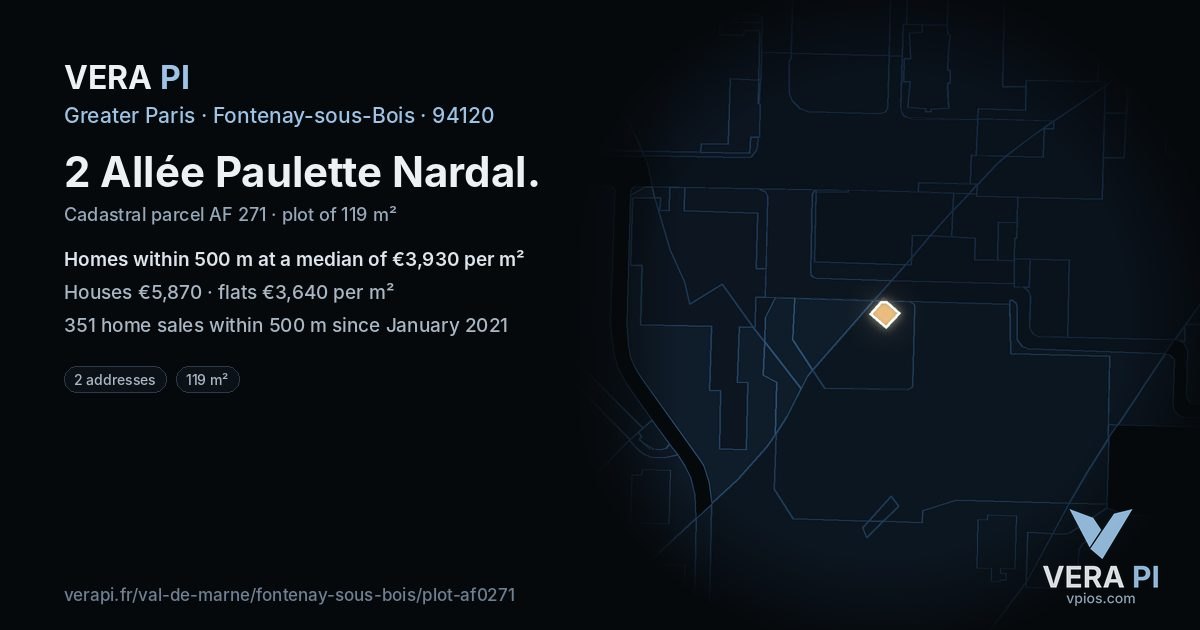 2 Allée Paulette Nardal, Fontenay-sous-Bois at night – the plot lit, the parcels around coloured by the prices near them