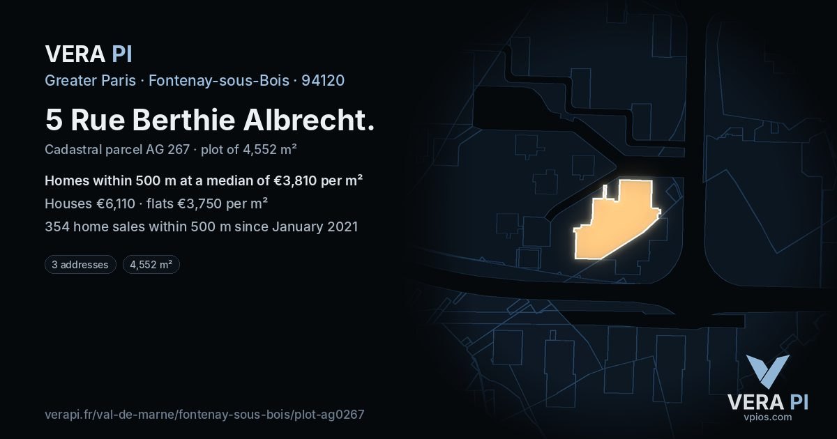 5 Rue Berthie Albrecht, Fontenay-sous-Bois at night – the plot lit, the parcels around coloured by the prices near them