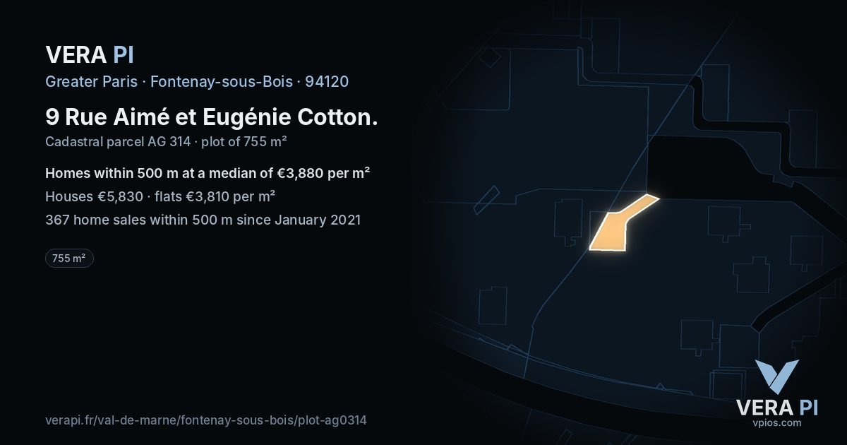 9 Rue Aimé et Eugénie Cotton, Fontenay-sous-Bois at night – the plot lit, the parcels around coloured by the prices near them