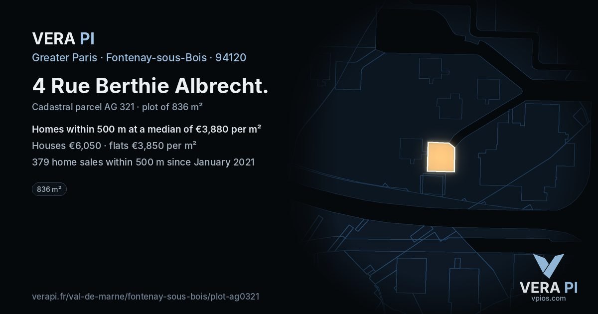 4 Rue Berthie Albrecht, Fontenay-sous-Bois at night – the plot lit, the parcels around coloured by the prices near them