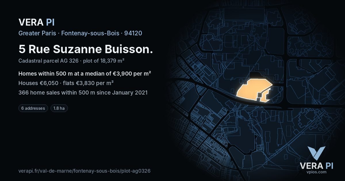 5 Rue Suzanne Buisson, Fontenay-sous-Bois at night – the plot lit, the parcels around coloured by the prices near them
