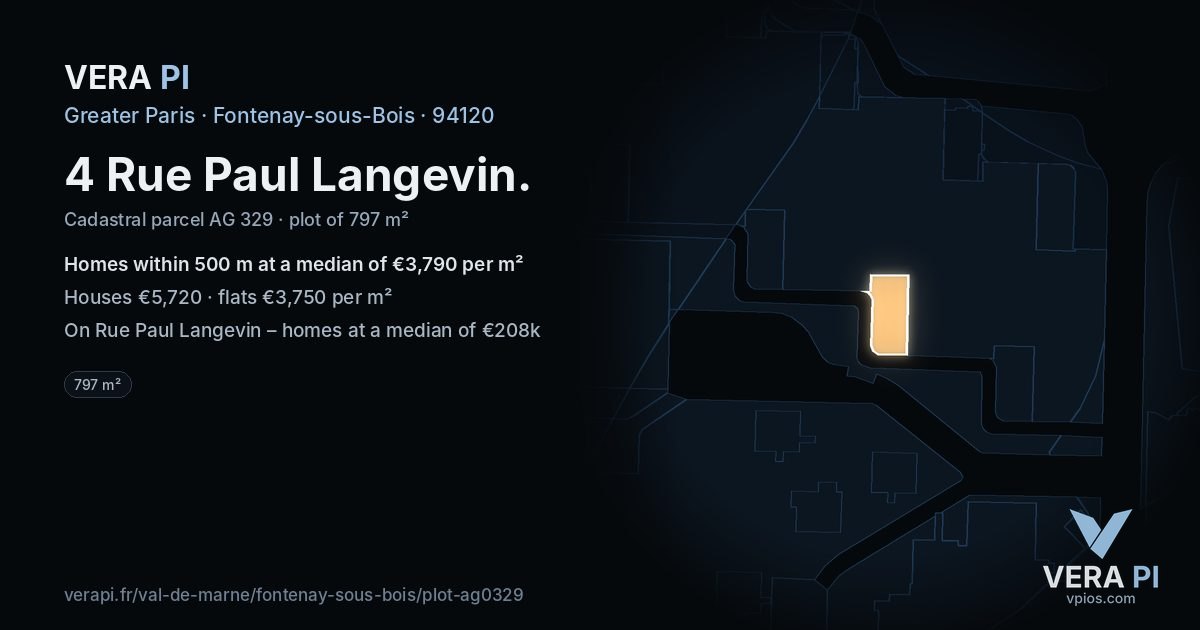 4 Rue Paul Langevin, Fontenay-sous-Bois at night – the plot lit, the parcels around coloured by the prices near them