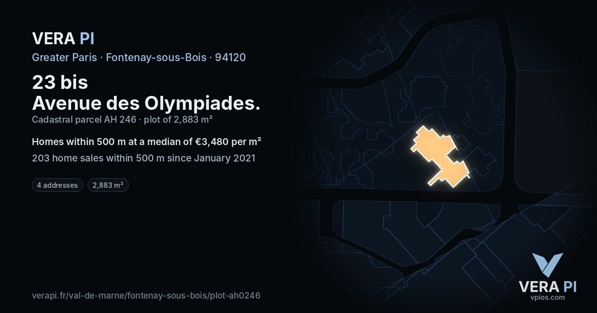 23 bis Avenue des Olympiades, Fontenay-sous-Bois at night – the plot lit, the parcels around coloured by the prices near them