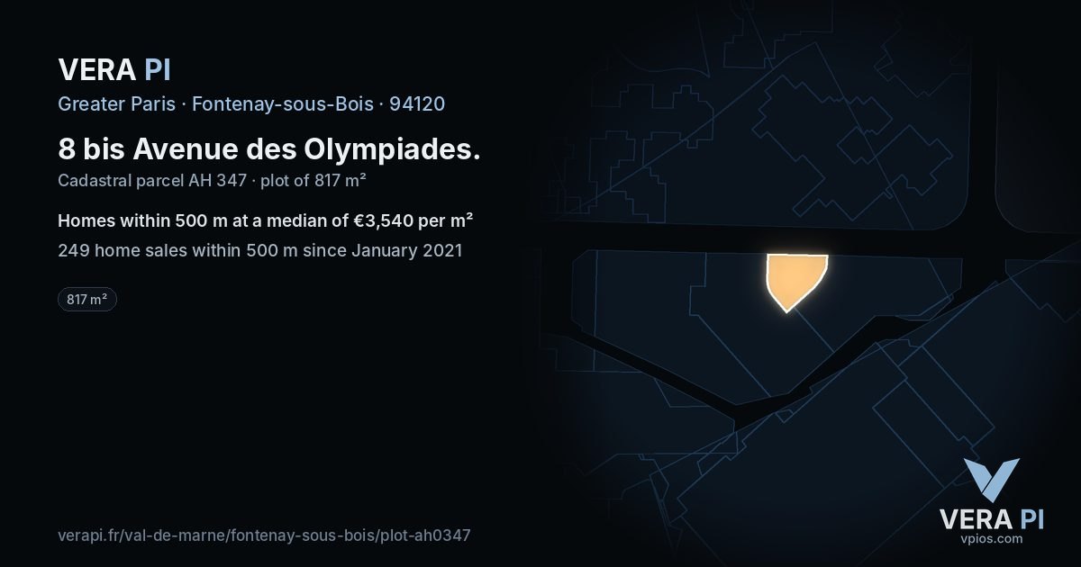 8 bis Avenue des Olympiades, Fontenay-sous-Bois at night – the plot lit, the parcels around coloured by the prices near them