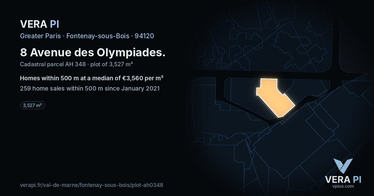 8 Avenue des Olympiades, Fontenay-sous-Bois at night – the plot lit, the parcels around coloured by the prices near them
