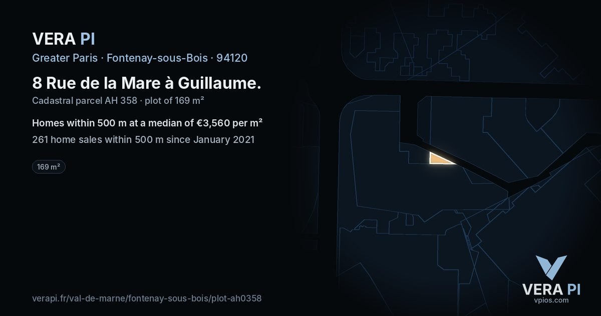 8 Rue de la Mare à Guillaume, Fontenay-sous-Bois at night – the plot lit, the parcels around coloured by the prices near them