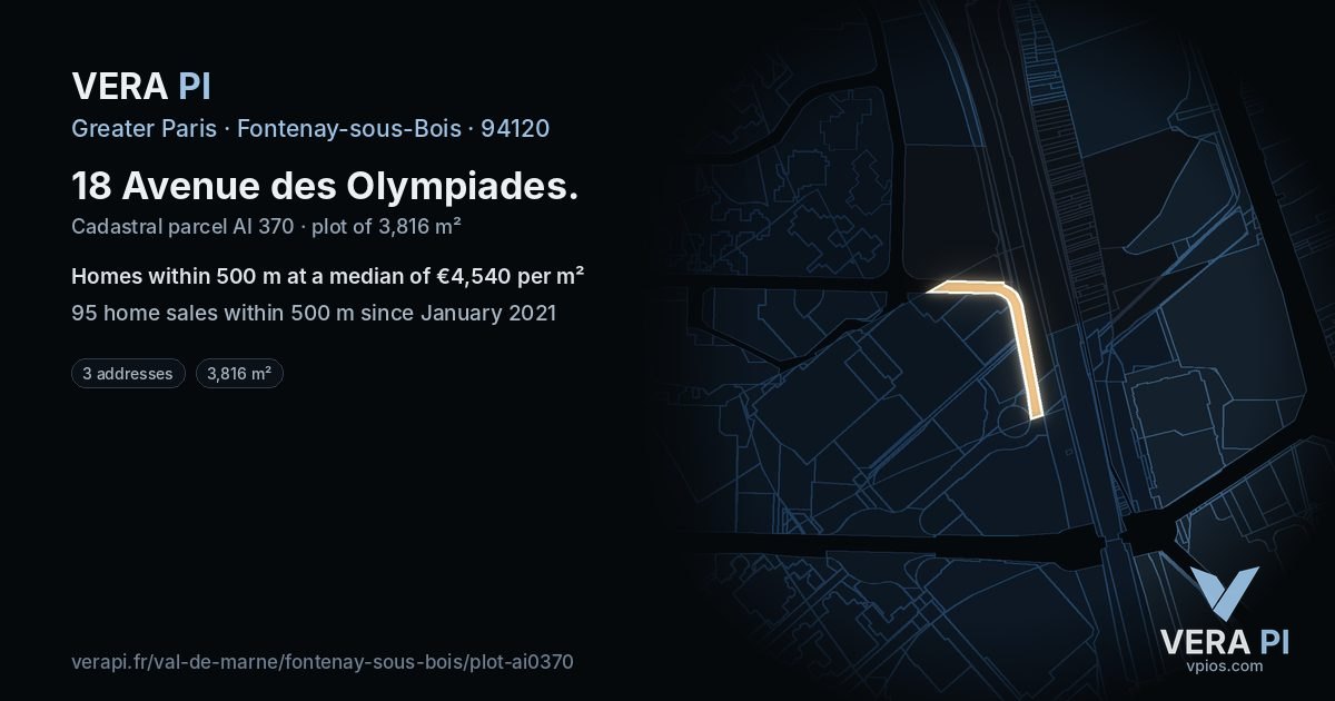 18 Avenue des Olympiades, Fontenay-sous-Bois at night – the plot lit, the parcels around coloured by the prices near them