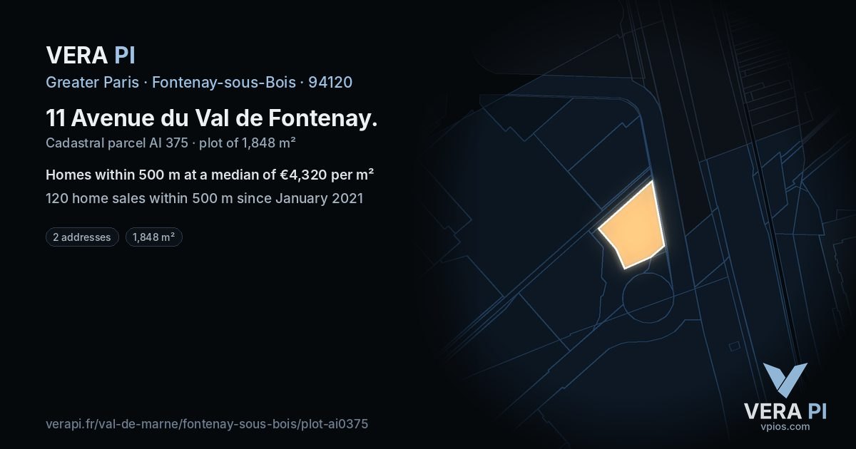 11 Avenue du Val de Fontenay, Fontenay-sous-Bois at night – the plot lit, the parcels around coloured by the prices near them