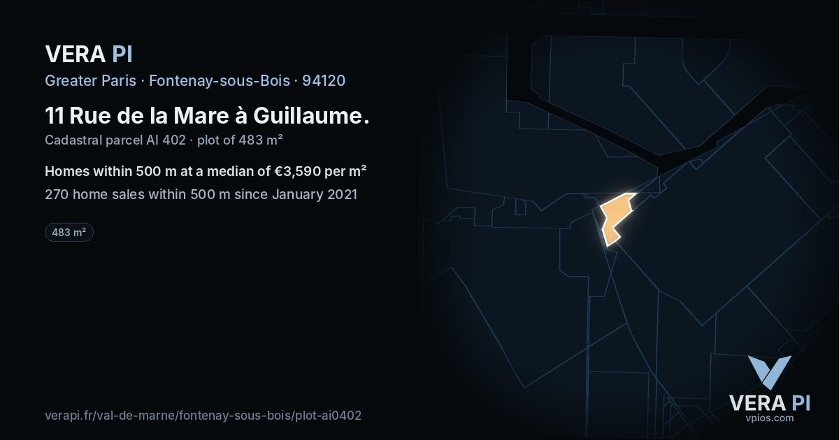 11 Rue de la Mare à Guillaume, Fontenay-sous-Bois at night – the plot lit, the parcels around coloured by the prices near them