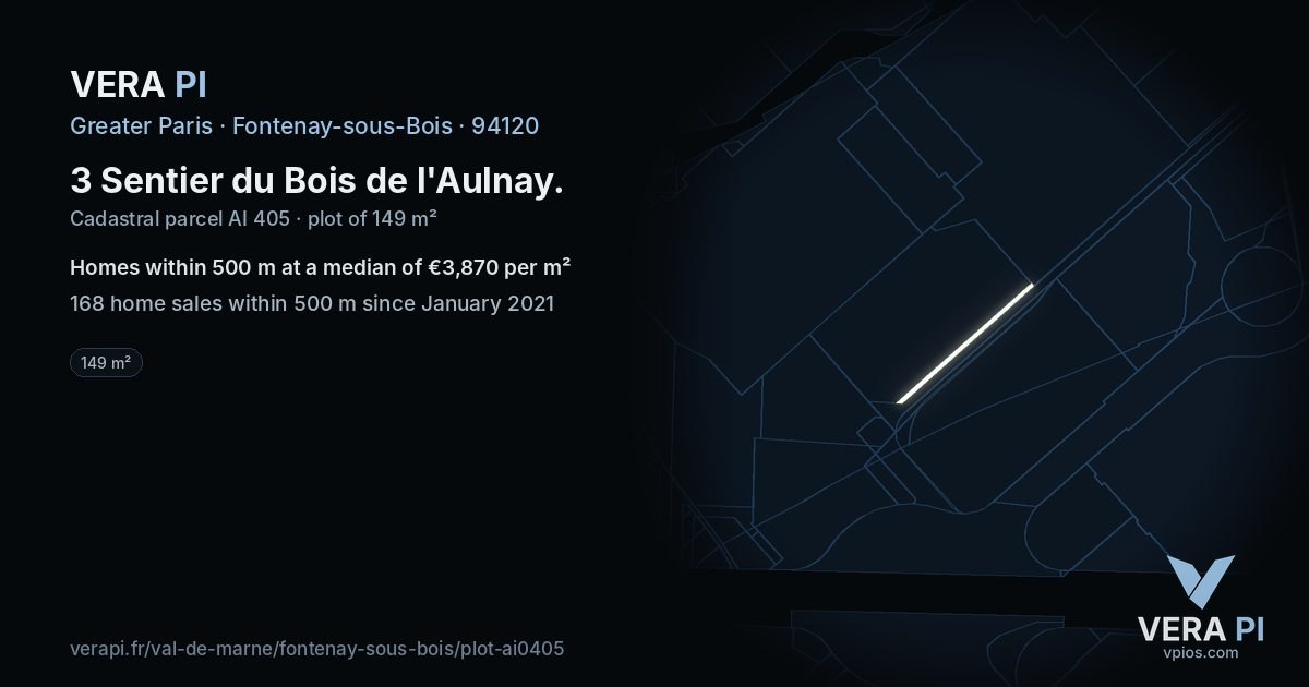 3 Sentier du Bois de l'Aulnay, Fontenay-sous-Bois at night – the plot lit, the parcels around coloured by the prices near them