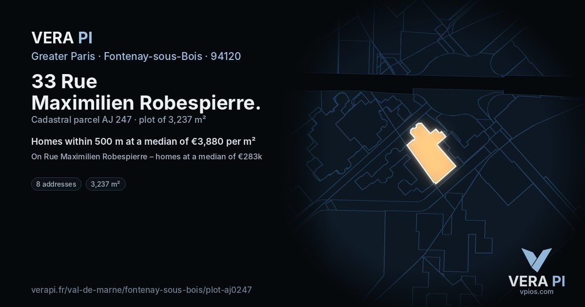 33 Rue Maximilien Robespierre, Fontenay-sous-Bois at night – the plot lit, the parcels around coloured by the prices near them