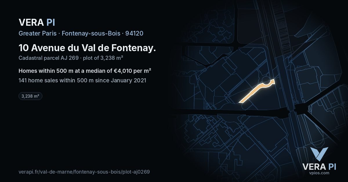 10 Avenue du Val de Fontenay, Fontenay-sous-Bois at night – the plot lit, the parcels around coloured by the prices near them