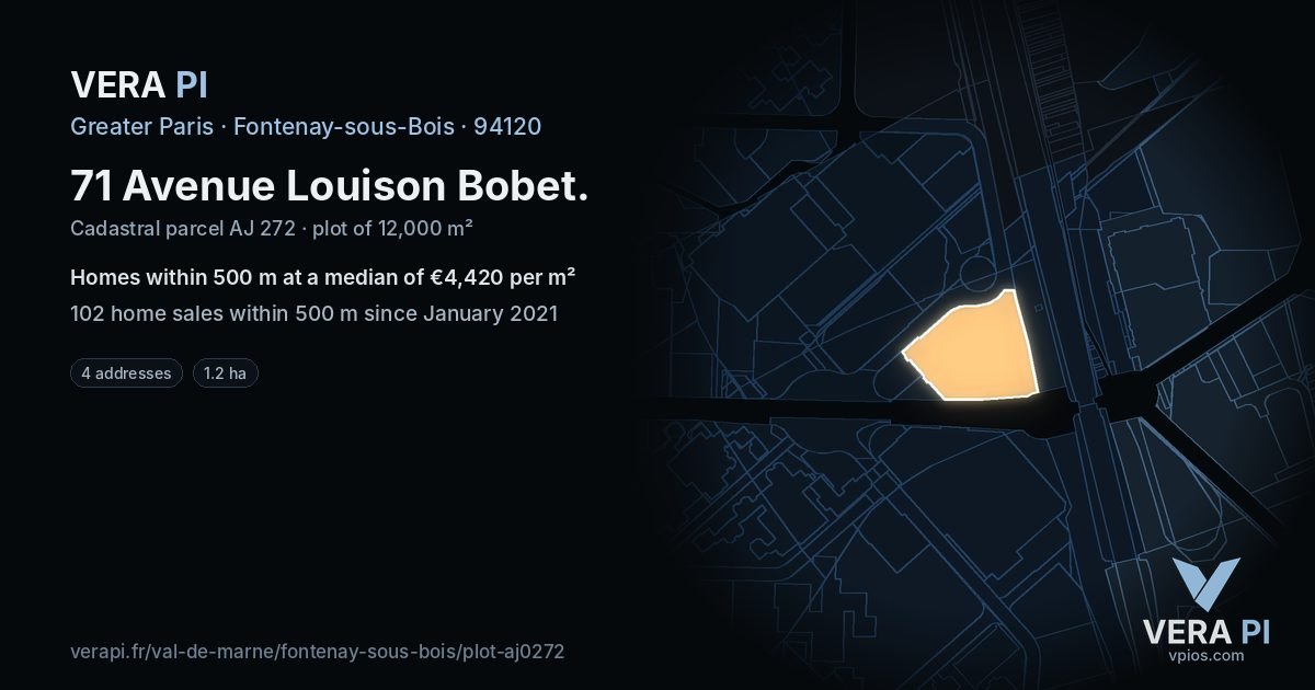 71 Avenue Louison Bobet, Fontenay-sous-Bois at night – the plot lit, the parcels around coloured by the prices near them