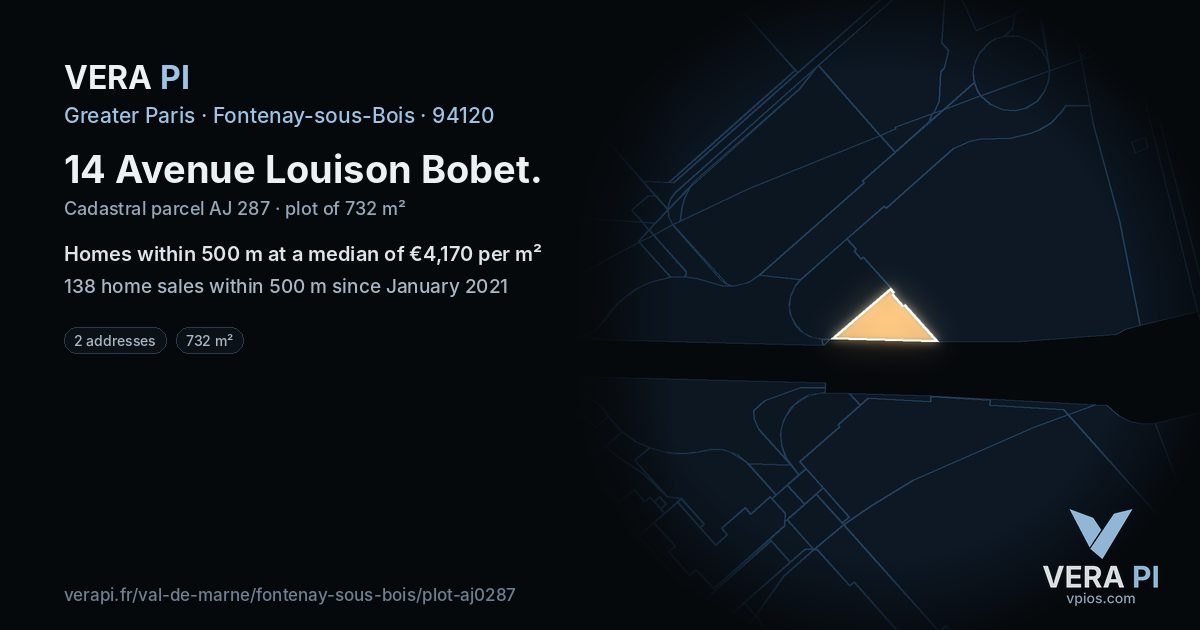14 Avenue Louison Bobet, Fontenay-sous-Bois at night – the plot lit, the parcels around coloured by the prices near them