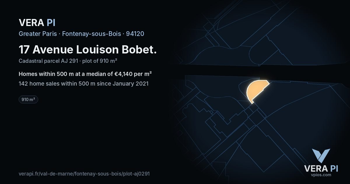 17 Avenue Louison Bobet, Fontenay-sous-Bois at night – the plot lit, the parcels around coloured by the prices near them