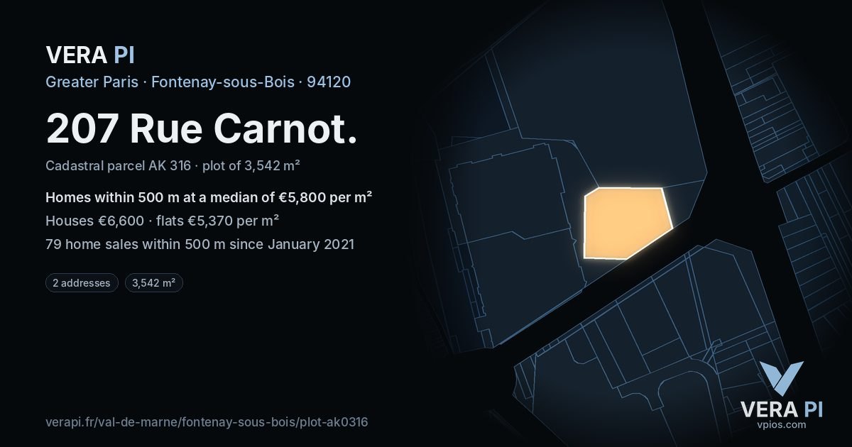 207 Rue Carnot, Fontenay-sous-Bois at night – the plot lit, the parcels around coloured by the prices near them